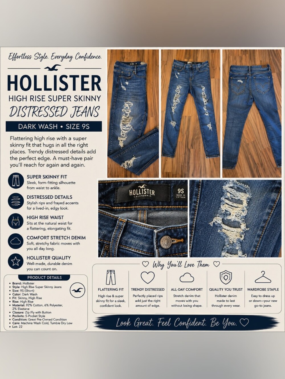 Hollister High Rise Super Skinny Distressed Jeans Dark Wash Size 9S